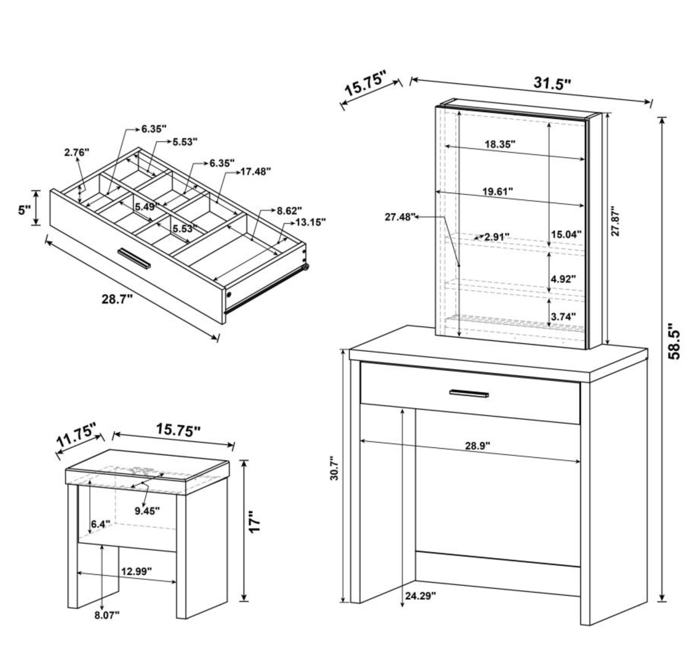 300290 -Harvey Vanity Set with Lift-Top Stool White