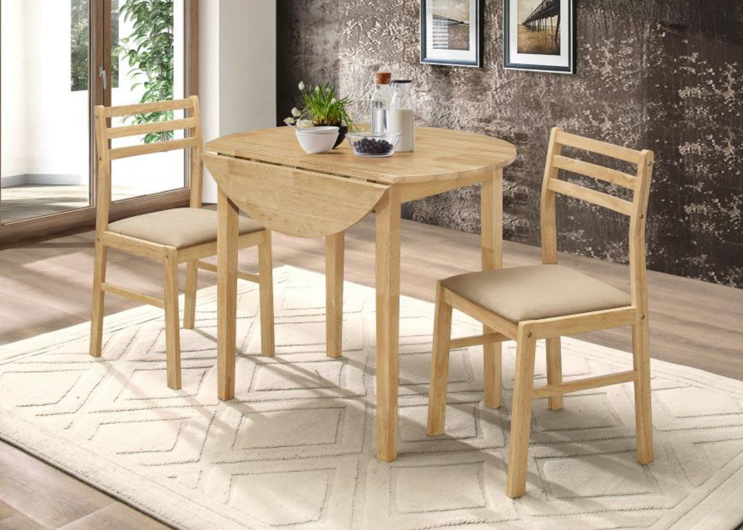 130006-3-piece Round Drop Leaf Dining Table Set Natural
