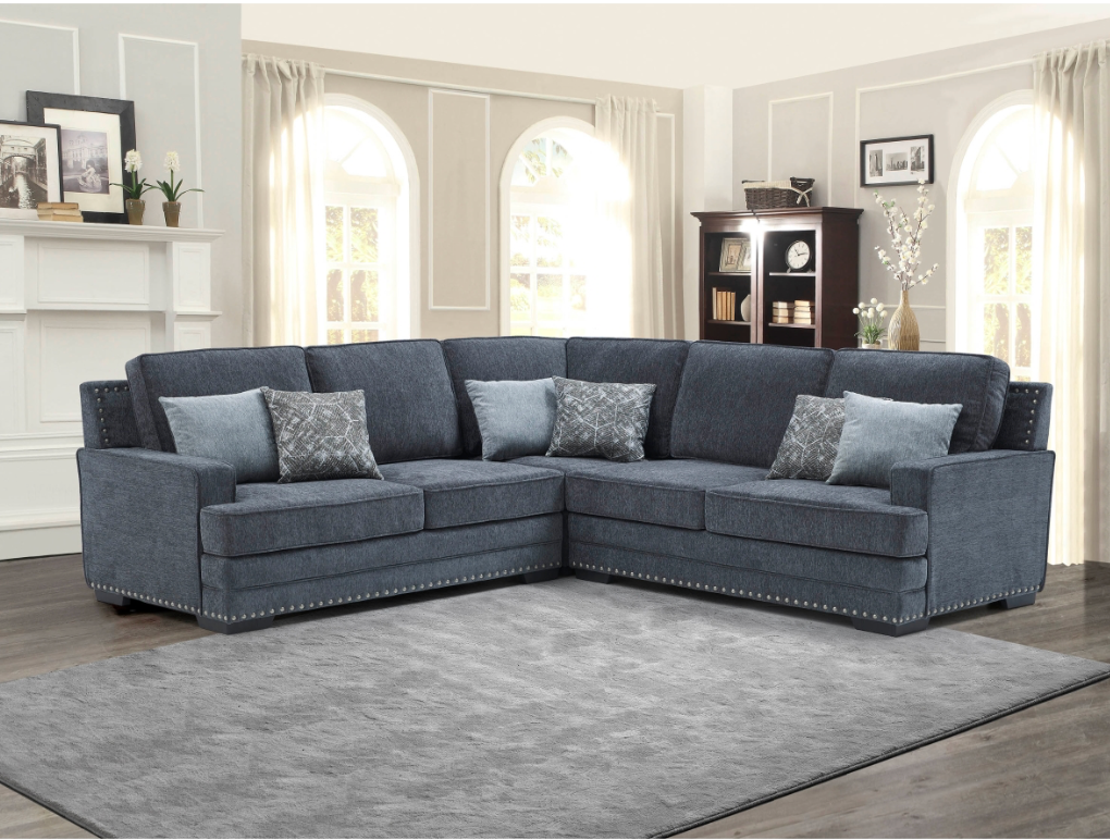 8070 DARK GRAY- Fabric Stationary Sectional Sofa w/ 6 Pillows