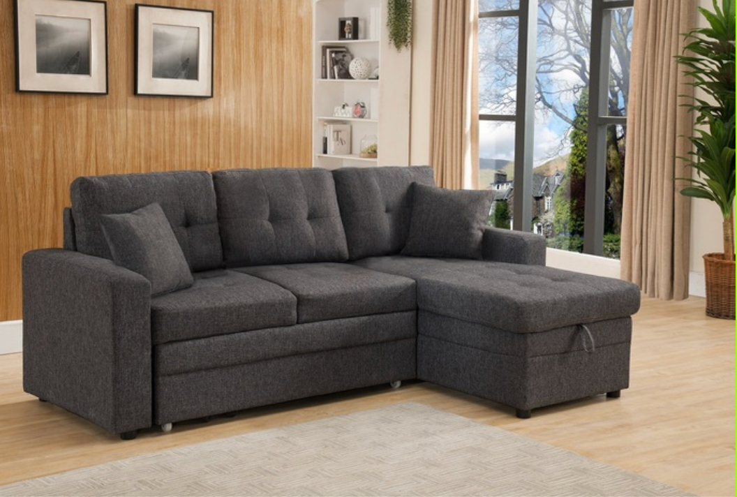 8008-GR GRAY Fabric Reversible Pull Out Sectional Sofa & Storage