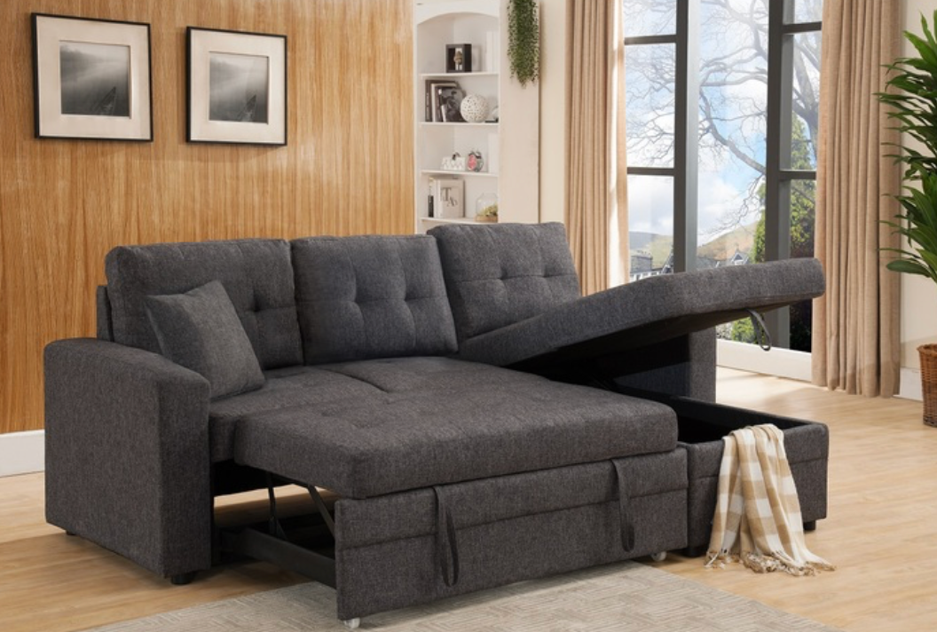 8008-GR GRAY Fabric Reversible Pull Out Sectional Sofa & Storage