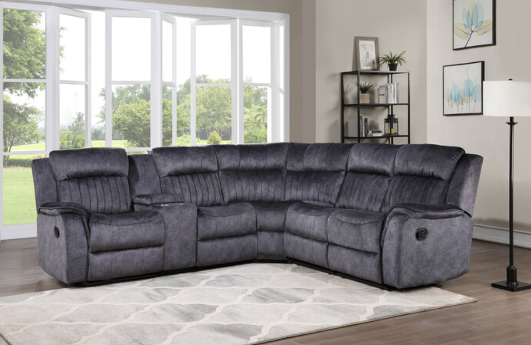 8170 BLUE GRAY- Faux Suede Modular Sectional Sofa w/ Manual Recliner