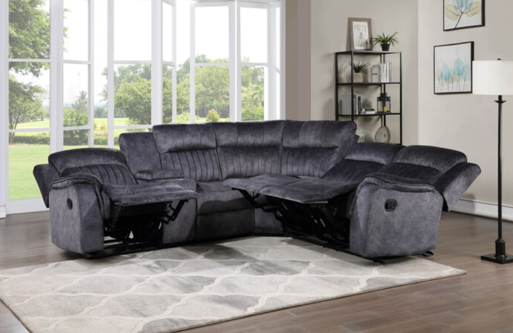 8170 BLUE GRAY- Faux Suede Modular Sectional Sofa w/ Manual Recliner