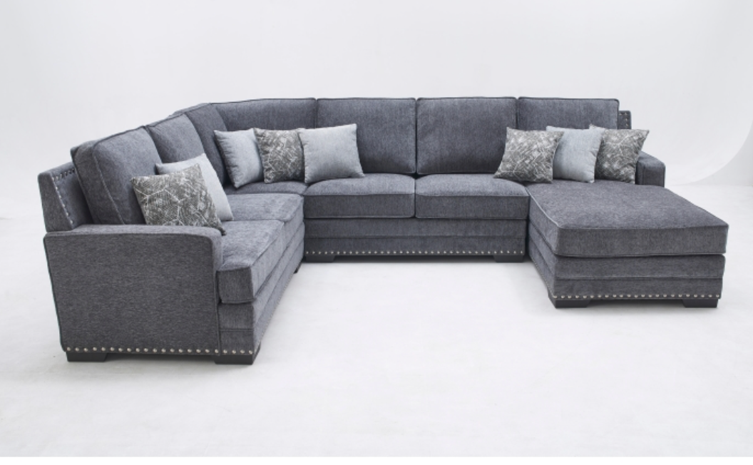 8210 DARK GRAY RHF Fabric U-Shaped Stationary Sectional Sofa w/ Chaise + Pillows