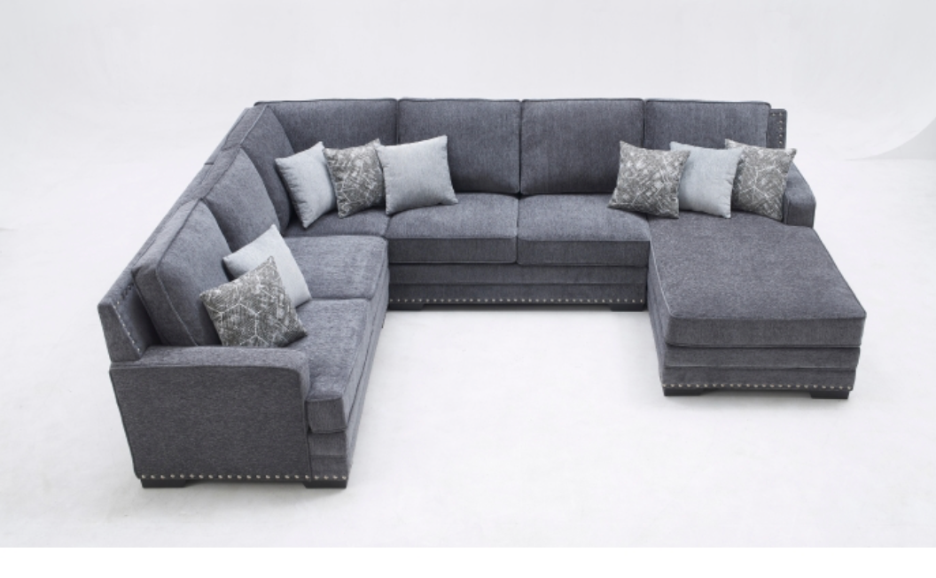 8210 DARK GRAY RHF Fabric U-Shaped Stationary Sectional Sofa w/ Chaise + Pillows