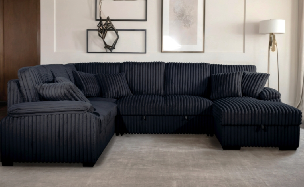 8223 BLACK RHF Fabric U-Shaped Pull Out Sectional Sofa w/ Storage Chaise + Pillows