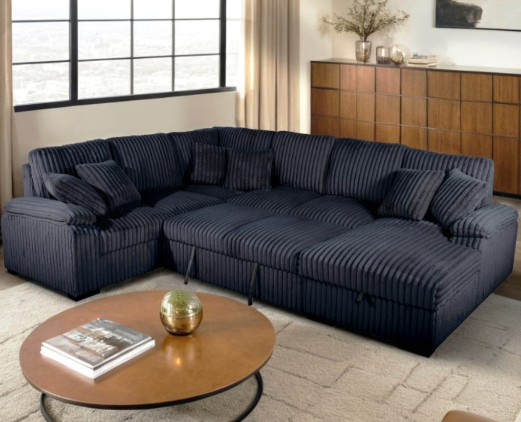 8223 BLACK RHF Fabric U-Shaped Pull Out Sectional Sofa w/ Storage Chaise + Pillows