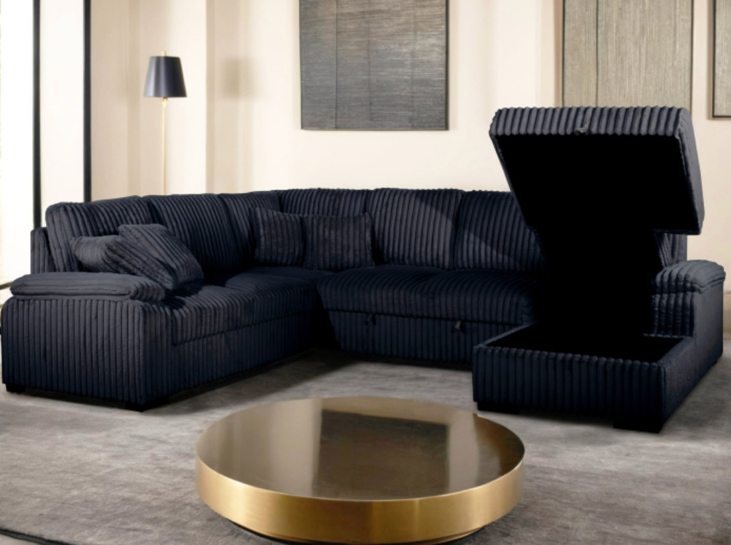 8223 BLACK RHF Fabric U-Shaped Pull Out Sectional Sofa w/ Storage Chaise + Pillows