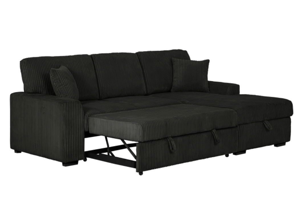 8063 BLACK Fabric RHF Pull Out Sectional Sofa & Storage