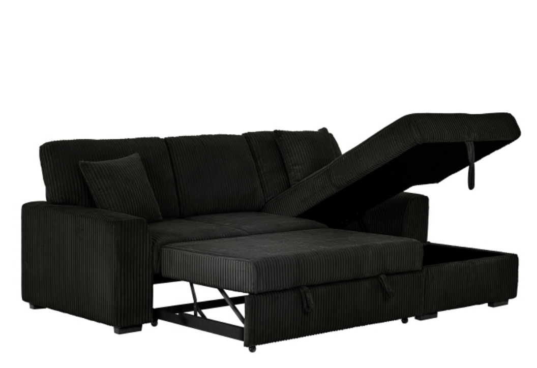 8063 BLACK Fabric RHF Pull Out Sectional Sofa & Storage