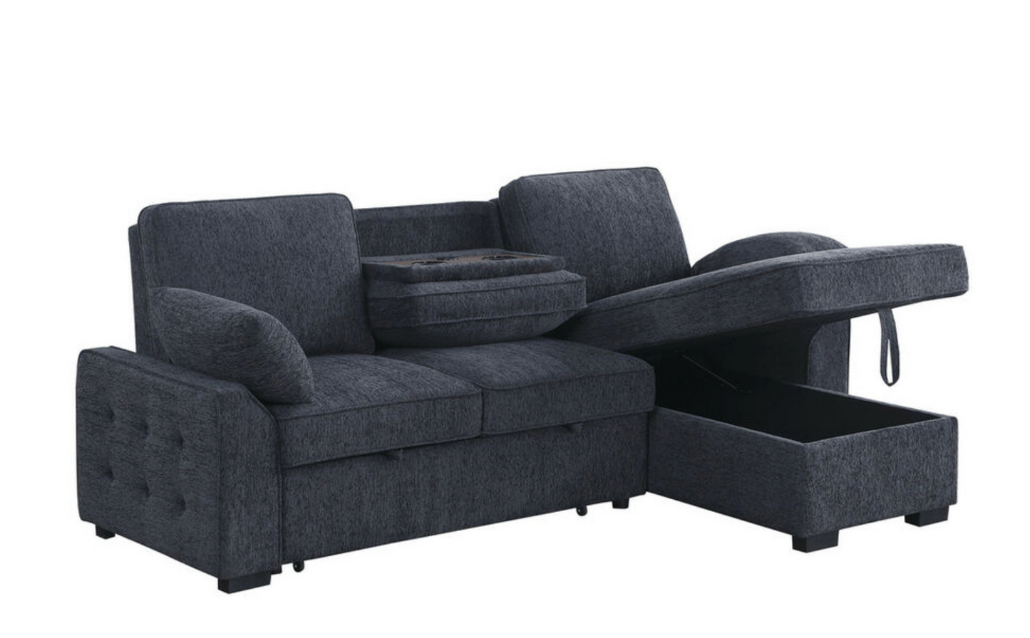 A81440-Mackenzie 91"W Dark Gray Chenille Fabric Reversible Sleeper Sectional with Storage Chaise