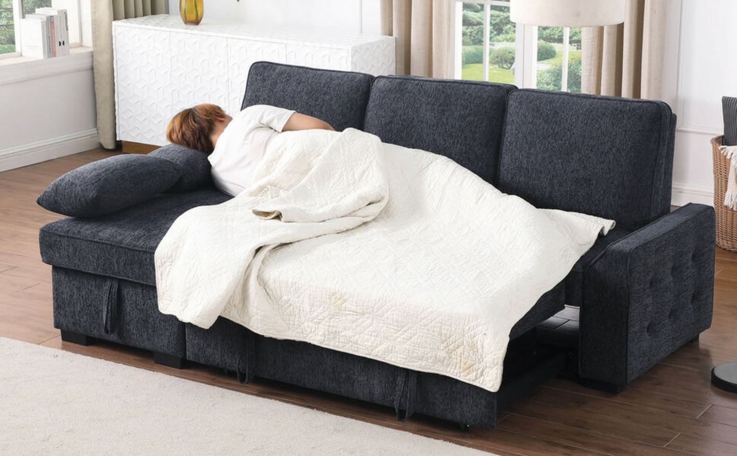 A81440-Mackenzie 91"W Dark Gray Chenille Fabric Reversible Sleeper Sectional with Storage Chaise