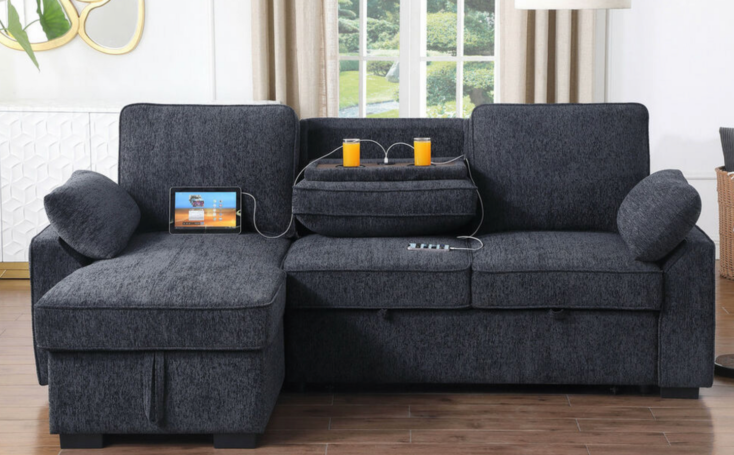 A81440-Mackenzie 91"W Dark Gray Chenille Fabric Reversible Sleeper Sectional with Storage Chaise