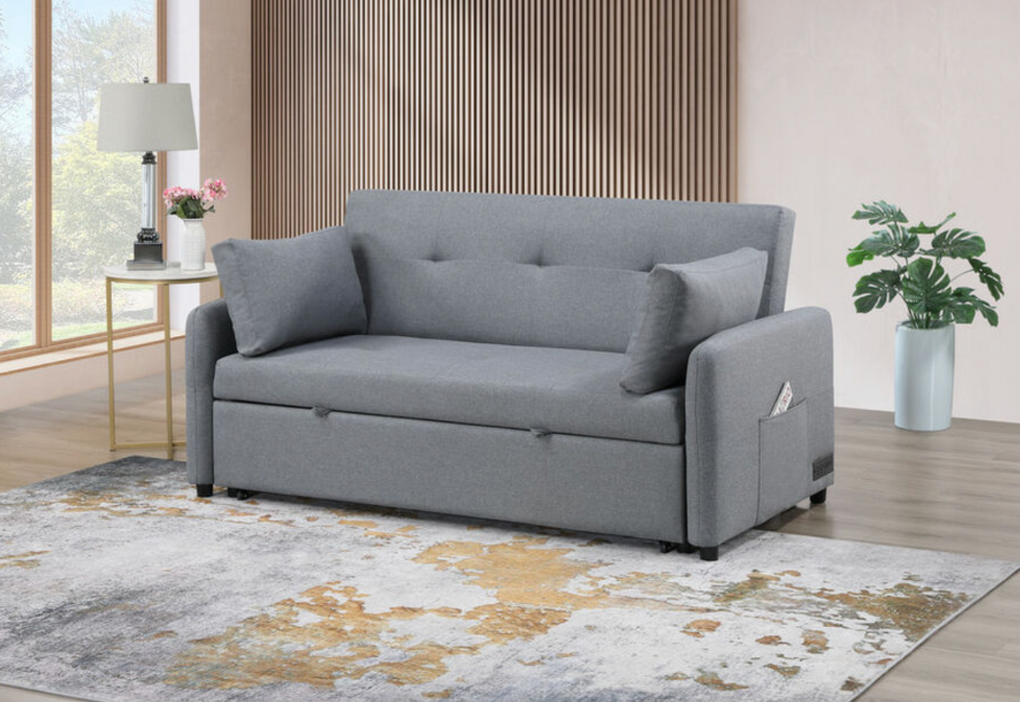 81630 Radella 69"W Gray Linen Convertible Sleeper Sofa with USB Ports, Power Sockets