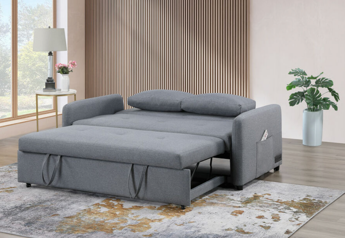 81630 Radella 69"W Gray Linen Convertible Sleeper Sofa with USB Ports, Power Sockets