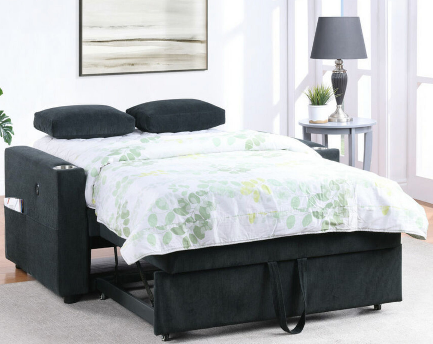 89340 Luelle 57"W Black Corduroy Convertible Sleeper Loveseat with Cupholders, USB Ports