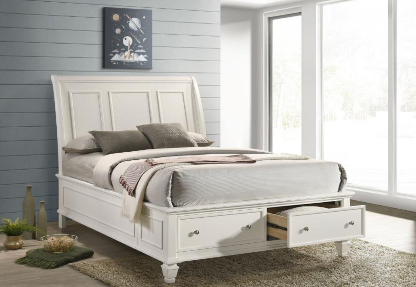 201309Q - Sandy Beach Wood Queen Storage Panel Bed Cream White