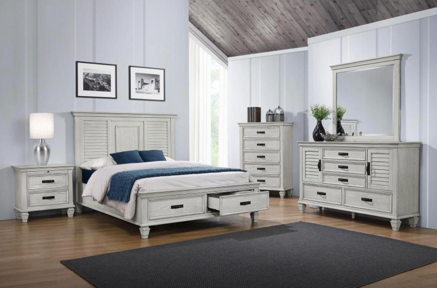 ranco Wood Queen Storage Panel Bed Distressed White