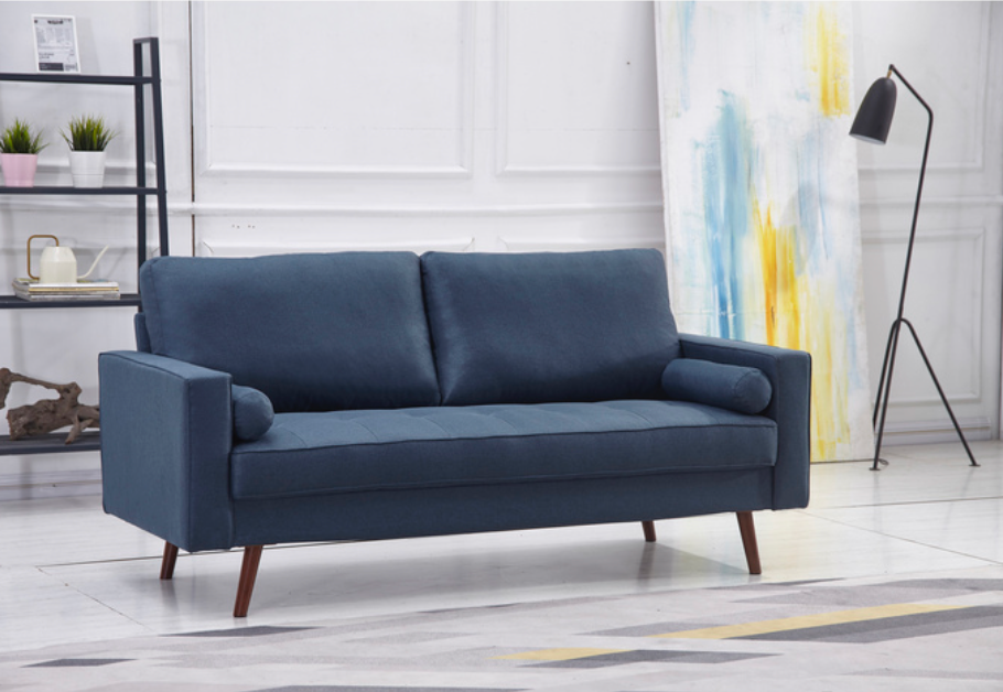 8116-2PC NAVY Linen Stationary Tufted Seat Living Room Set w/ Cylinder Throw