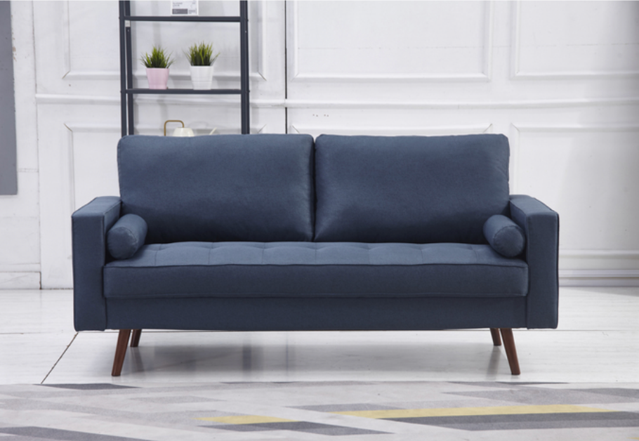 8116-2PC NAVY Linen Stationary Tufted Seat Living Room Set w/ Cylinder Throw