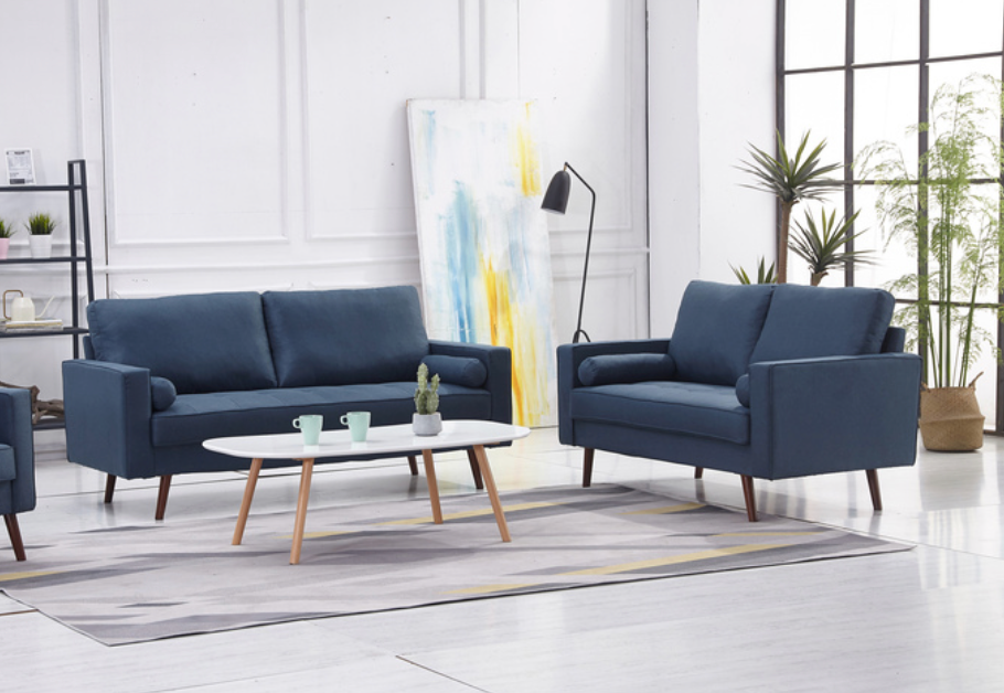 8116-2PC NAVY Linen Stationary Tufted Seat Living Room Set w/ Cylinder Throw