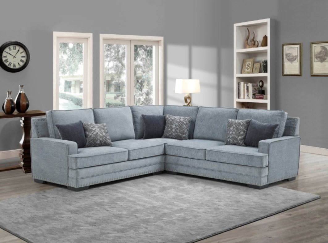 8070 DARK GRAY- Fabric Stationary Sectional Sofa w/ 6 Pillows
