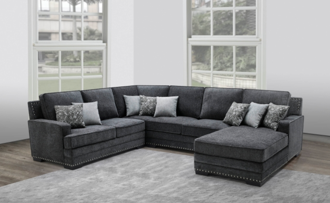 8210 DARK GRAY RHF Fabric U-Shaped Stationary Sectional Sofa w/ Chaise + Pillows