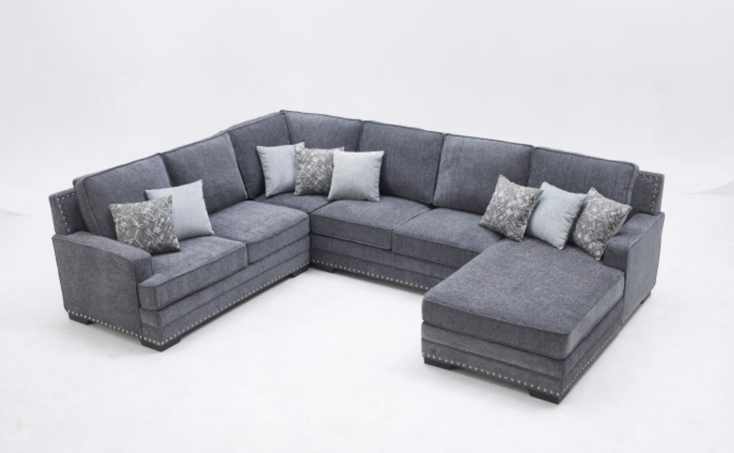 8210 DARK GRAY RHF Fabric U-Shaped Stationary Sectional Sofa w/ Chaise + Pillows