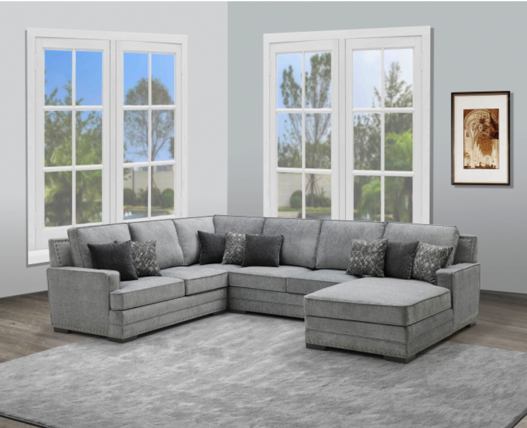 8210 DARK GRAY RHF Fabric U-Shaped Stationary Sectional Sofa w/ Chaise + Pillows