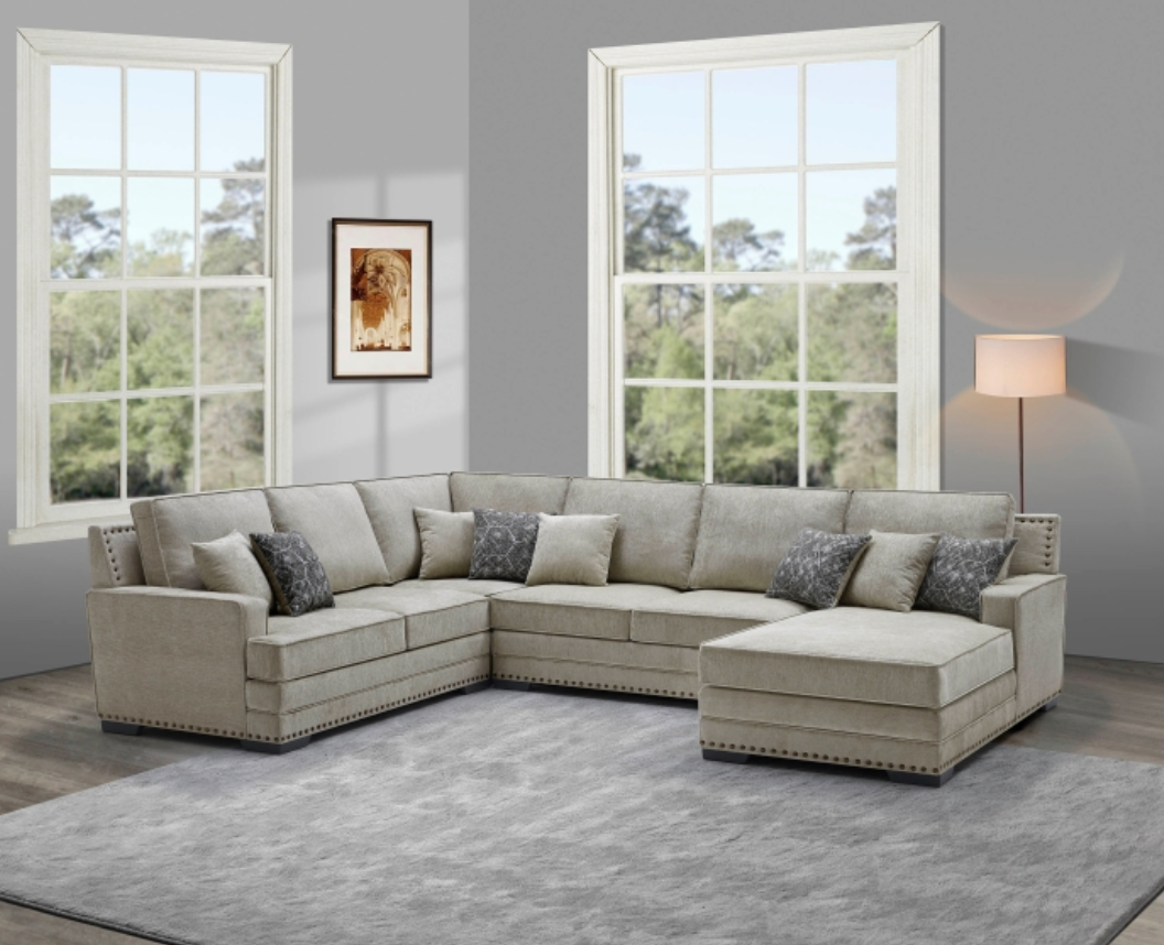 8210 DARK GRAY RHF Fabric U-Shaped Stationary Sectional Sofa w/ Chaise + Pillows