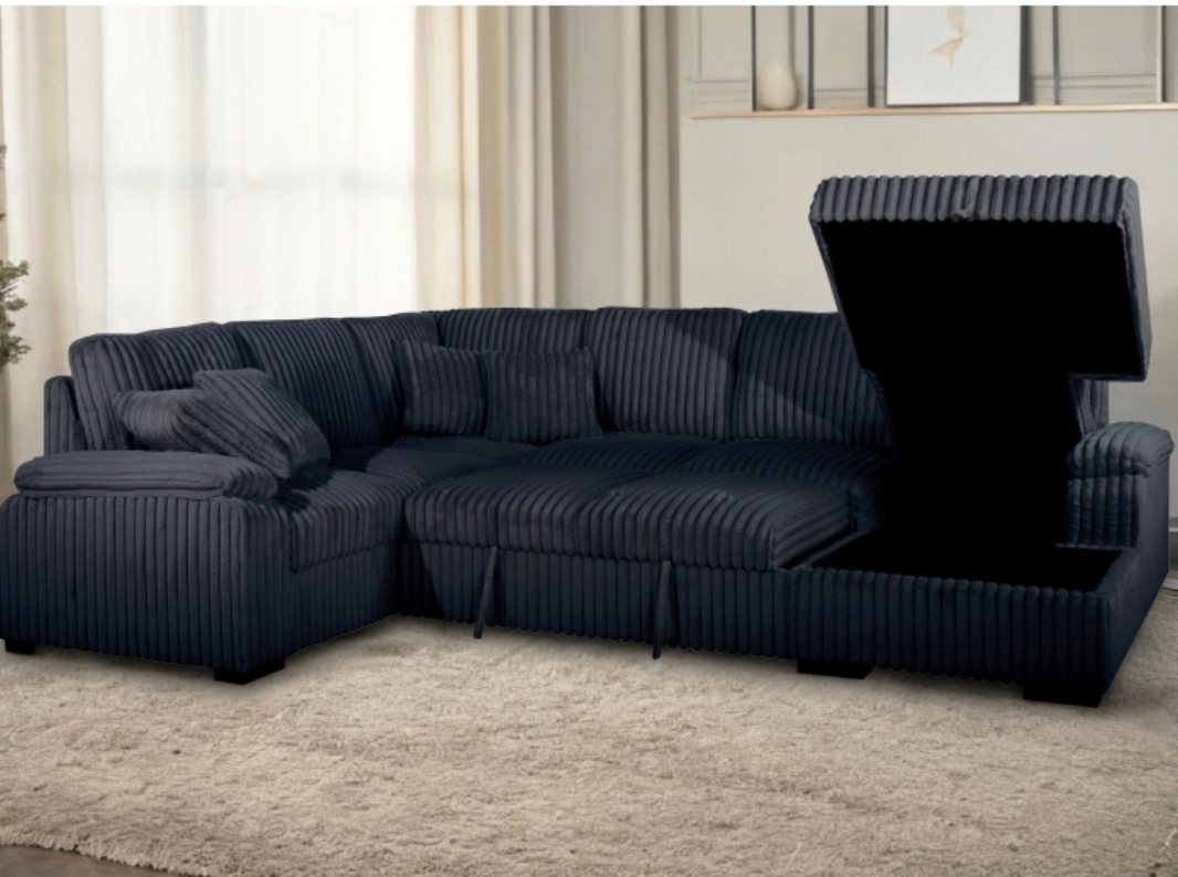 8223 BLACK RHF Fabric U-Shaped Pull Out Sectional Sofa w/ Storage Chaise + Pillows