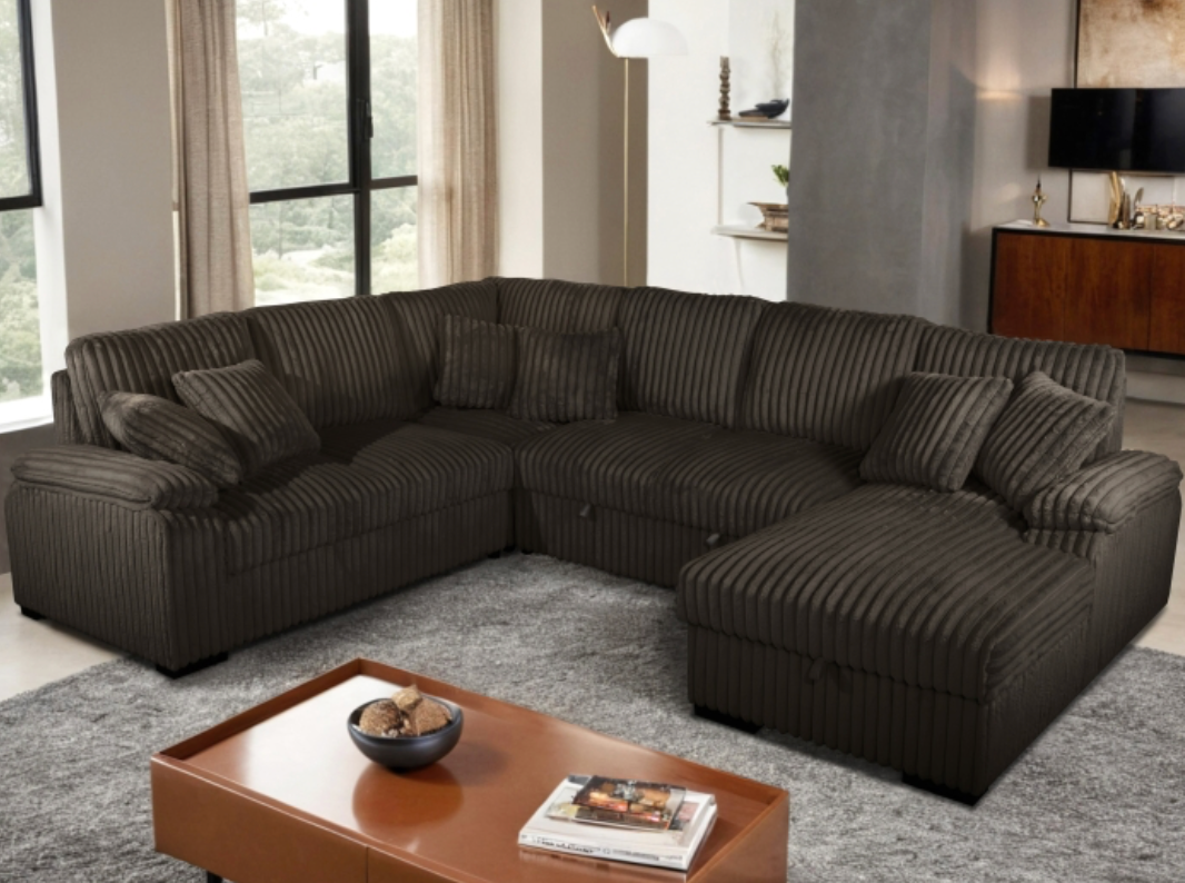8223 BLACK RHF Fabric U-Shaped Pull Out Sectional Sofa w/ Storage Chaise + Pillows