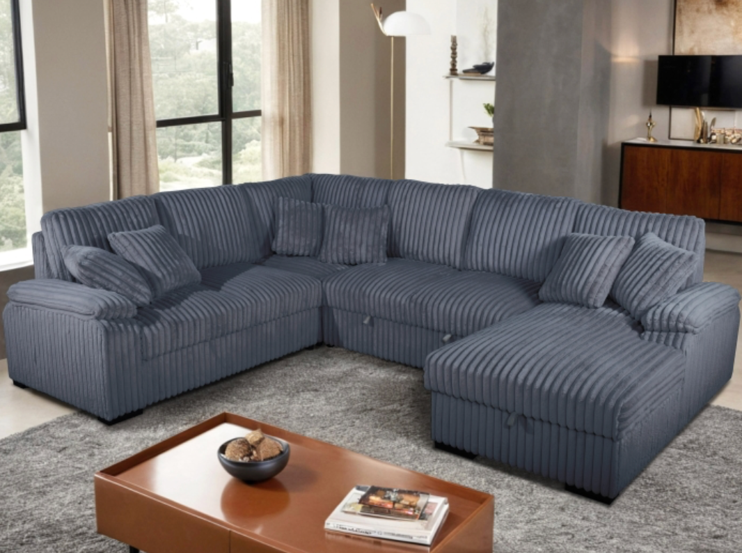 8223 BLACK RHF Fabric U-Shaped Pull Out Sectional Sofa w/ Storage Chaise + Pillows