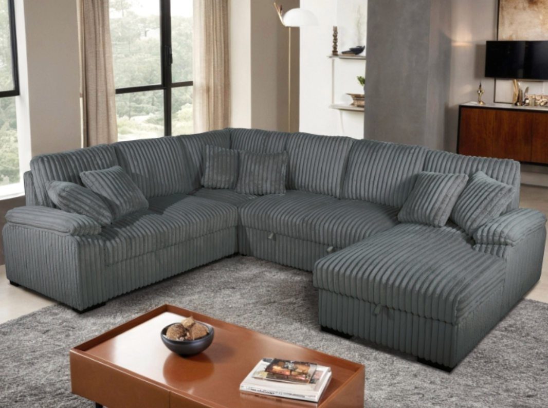 8223 BLACK RHF Fabric U-Shaped Pull Out Sectional Sofa w/ Storage Chaise + Pillows