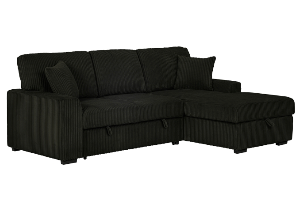 8063 BLACK Fabric RHF Pull Out Sectional Sofa & Storage
