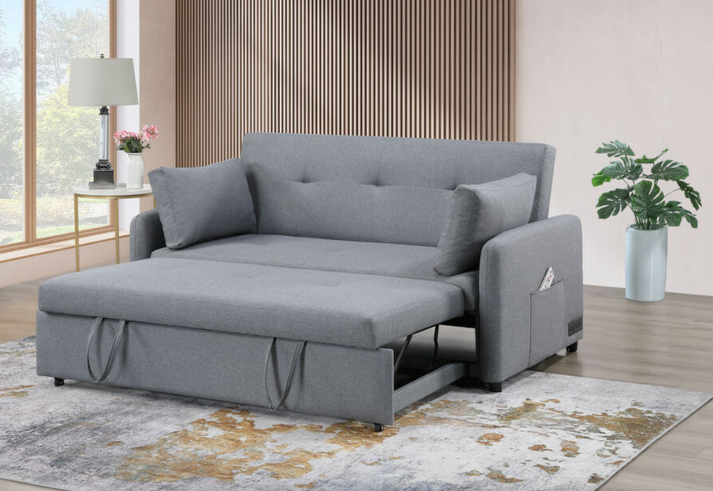 81630 Radella 69"W Gray Linen Convertible Sleeper Sofa with USB Ports, Power Sockets