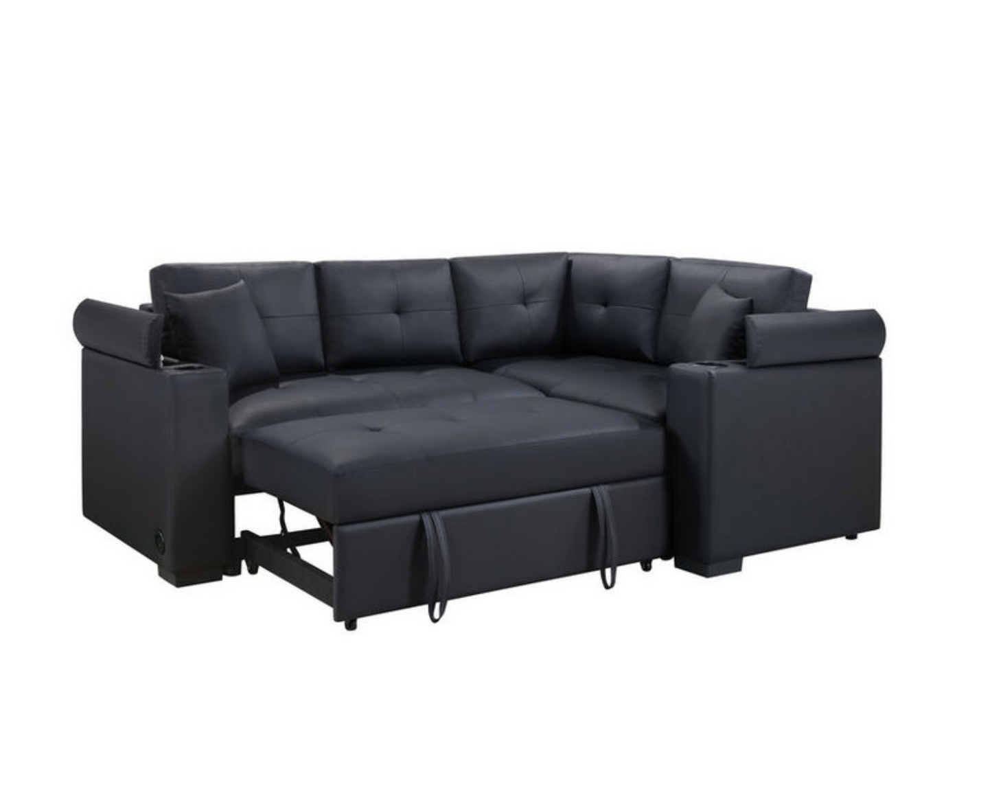 89308 Donovan 84.5"W Black PVC Fabric Sleeper Sectional with USB Charger