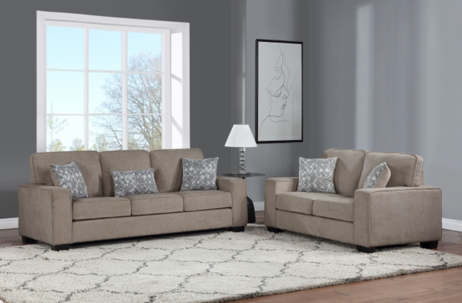 8181-2PC 2PC BROWN Fabric Comfort Cushioned Square Arm Sofa Set