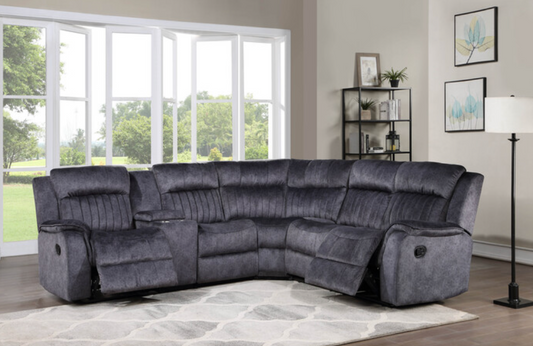 8170 BLUE GRAY- Faux Suede Modular Sectional Sofa w/ Manual Recliner