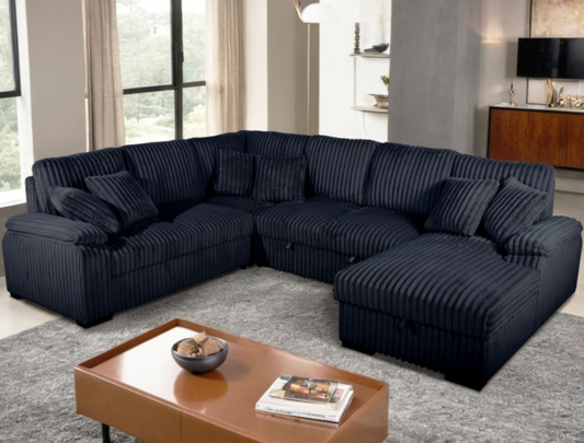 8223 BLACK RHF Fabric U-Shaped Pull Out Sectional Sofa w/ Storage Chaise + Pillows