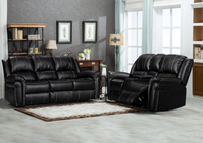 8014-2PC 2PC BLACK Air Leather Power USB Recliners w/ Stitching Sofa SET