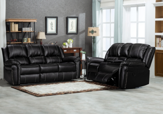8014-2PC 2PC BLACK Air Leather Power USB Recliners w/ Stitching Sofa SET