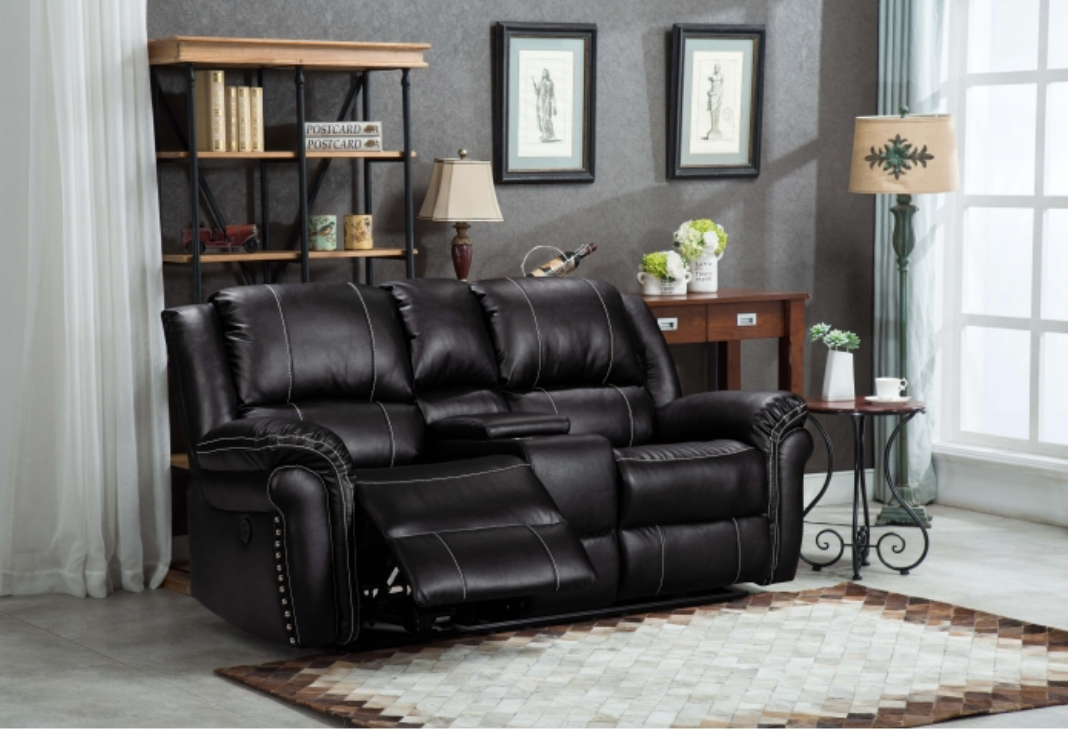 8014-2PC 2PC BLACK Air Leather Power USB Recliners w/ Stitching Sofa SET