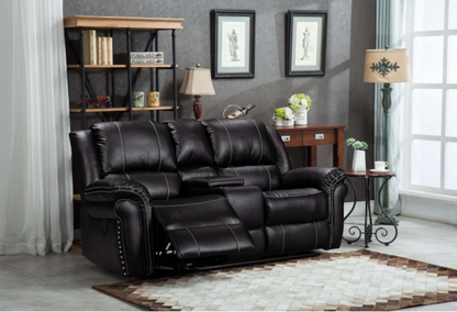 8014-2PC 2PC BLACK Air Leather Power USB Recliners w/ Stitching Sofa SET
