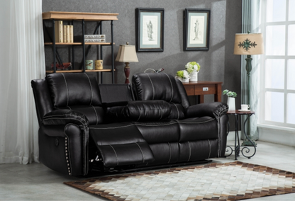 8014-2PC 2PC BLACK Air Leather Power USB Recliners w/ Stitching Sofa SET