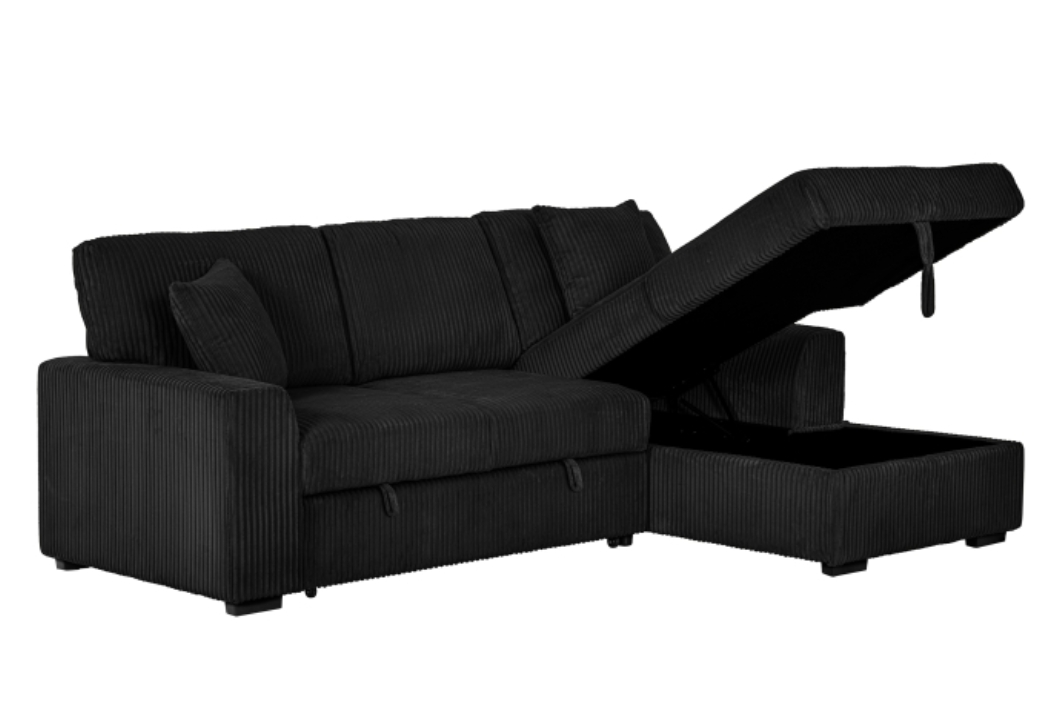 8063 BLACK Fabric RHF Pull Out Sectional Sofa & Storage