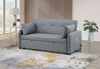 81630 Radella 69"W Gray Linen Convertible Sleeper Sofa with USB Ports, Power Sockets