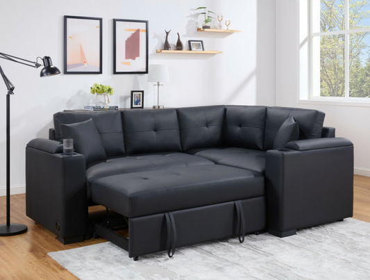89308 Donovan 84.5"W Black PVC Fabric Sleeper Sectional with USB Charger
