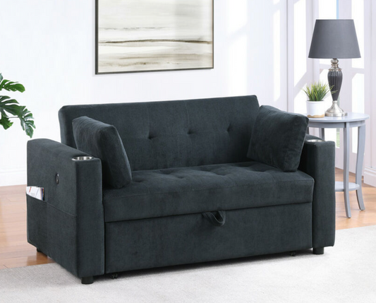 89340 Luelle 57"W Black Corduroy Convertible Sleeper Loveseat with Cupholders, USB Ports