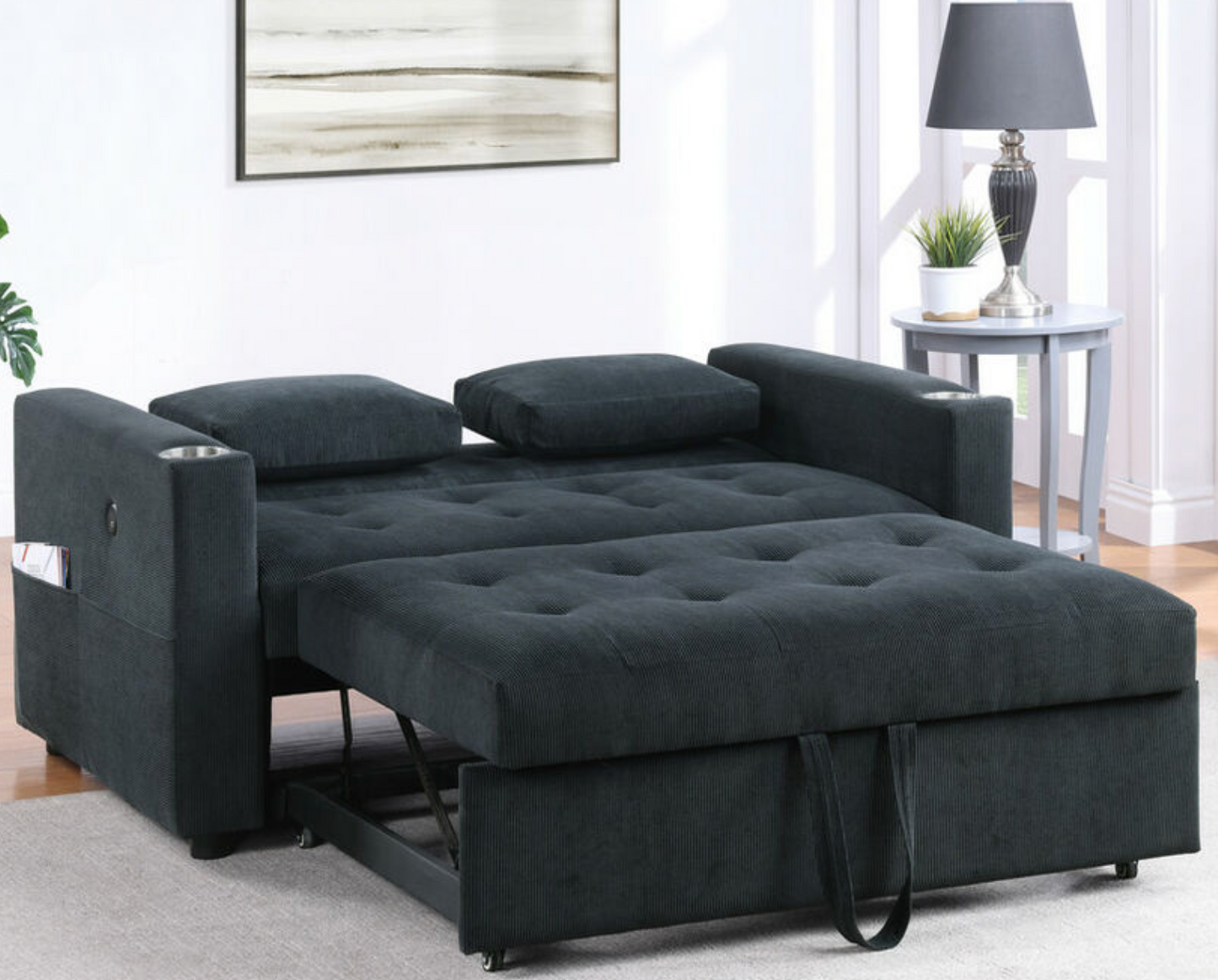 89340 Luelle 57"W Black Corduroy Convertible Sleeper Loveseat with Cupholders, USB Ports